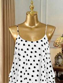Rometta Kamisol Wanita Ukuran Besar Bahan Chiffon Motif Polkadot dengan Hem Berumbai Ganda dan Tali Bahu Tipis serta Bagian Belakang Silang - Putih - View 8