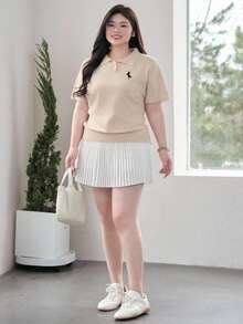 Dazy Plus Áo thun cổ polo tay ngắn, màu trơn, ôm dáng, thích hợp cho mùa xuân/hè/thu. - Màu be - Xem 4