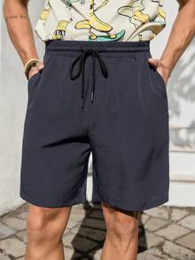 VIVINTIMO Men's Solid Color Casual Shorts, Holiday - Navy Blue - View 6