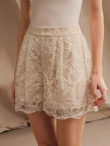 Anewsta Women's French Lace Textured Elegant A-Line Shorts For Commuting Micro Short - Apricot - View 7