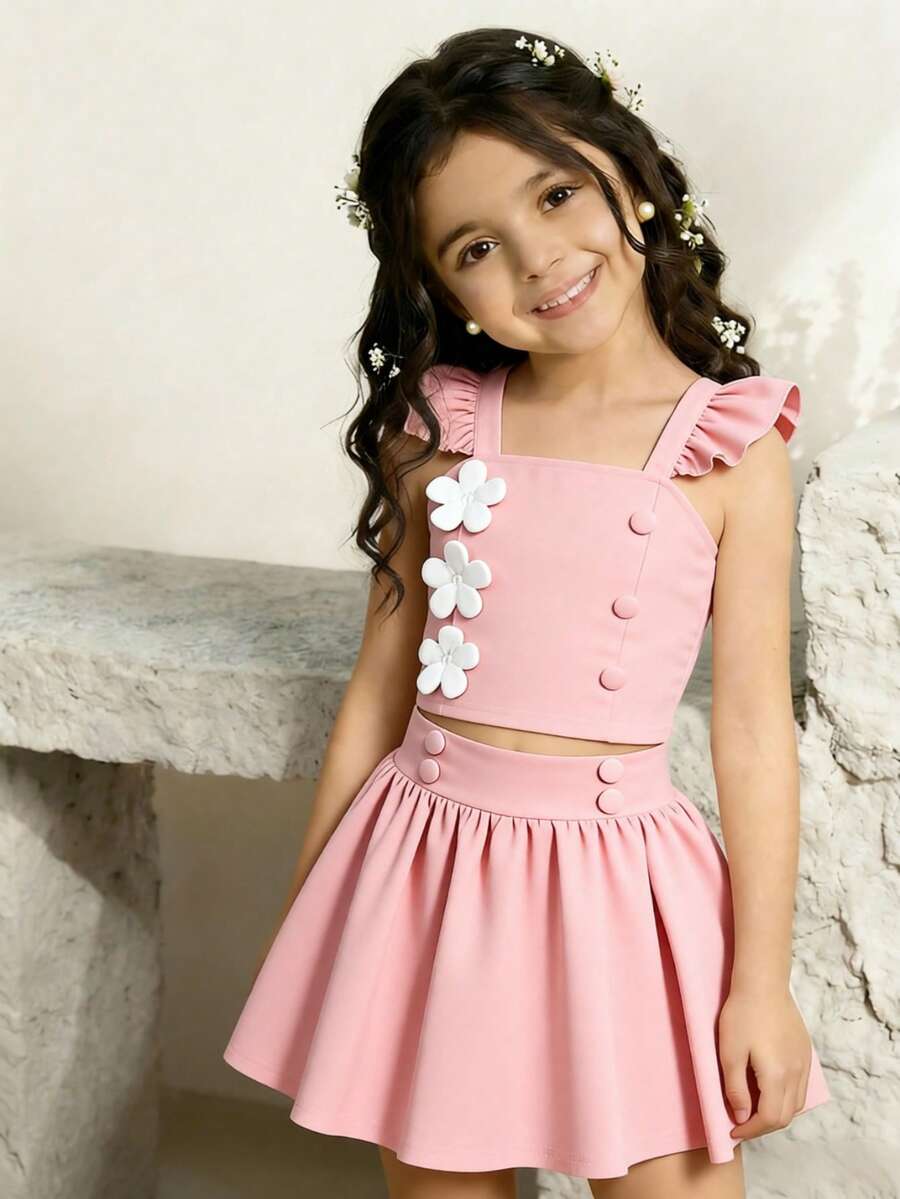 Bộ 2 món cho bé gái tuổi teen, kiểu công chúa ngọt ngào, áo vest và quần short dệt kim màu trơn, thích hợp cho mùa xuân/hè, trang trí hoa và nấm 3D, tay áo bèo nhún, phù hợp cho mặc thường ngày. - Hồng - Xem 1