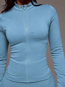 Musera Sport Zip Active BBL 夹克搭配喇叭褶皱臀部紧身裤套装 运动健身健身房普拉提日常休闲烟晶色 - 藍色 - 查看 6