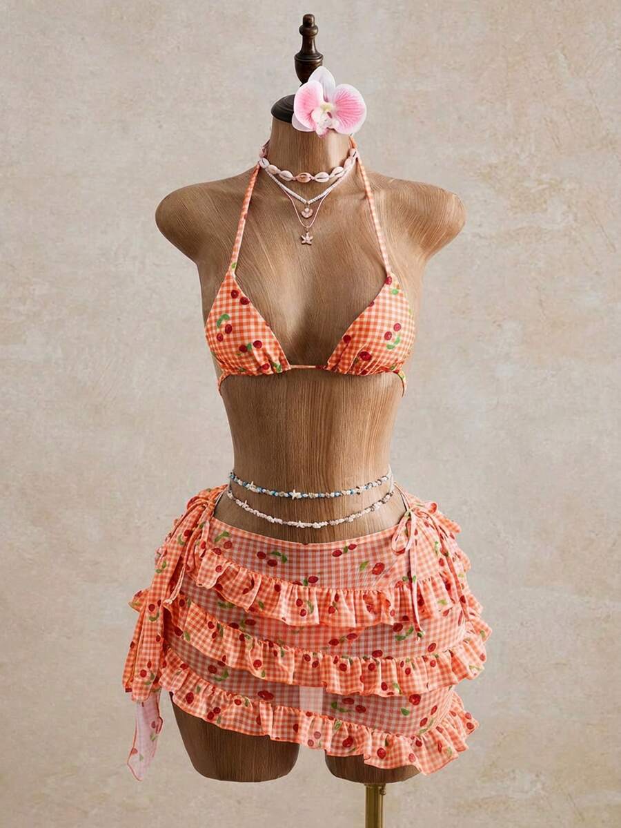 Bellisia بكيني صيفي وتنورة كيك 3 قطع مجموعة، بتصميم أشكال الفراشة والأوركيد والنمر، مناسب للعطلات الشاطئية - لون برتقالي - مشاهدة 1