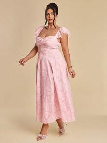 SHEIN BAE Robe d'été élégante de grande taille, couleur unie, avec découpes et volants à l'ourlet - Rose bonbon - Voir 3