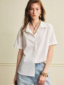 Écloséra Camisa casual blanca con empalme de encaje, espalda transparente, bajo curvo, botones delanteros, manga corta, parte superior de ocio para vacaciones - Blanco - Ver 5