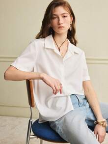 Écloséra Camisa casual blanca con empalme de encaje, espalda transparente, bajo curvo, botones delanteros, manga corta, parte superior de ocio para vacaciones - Blanco - Ver 6
