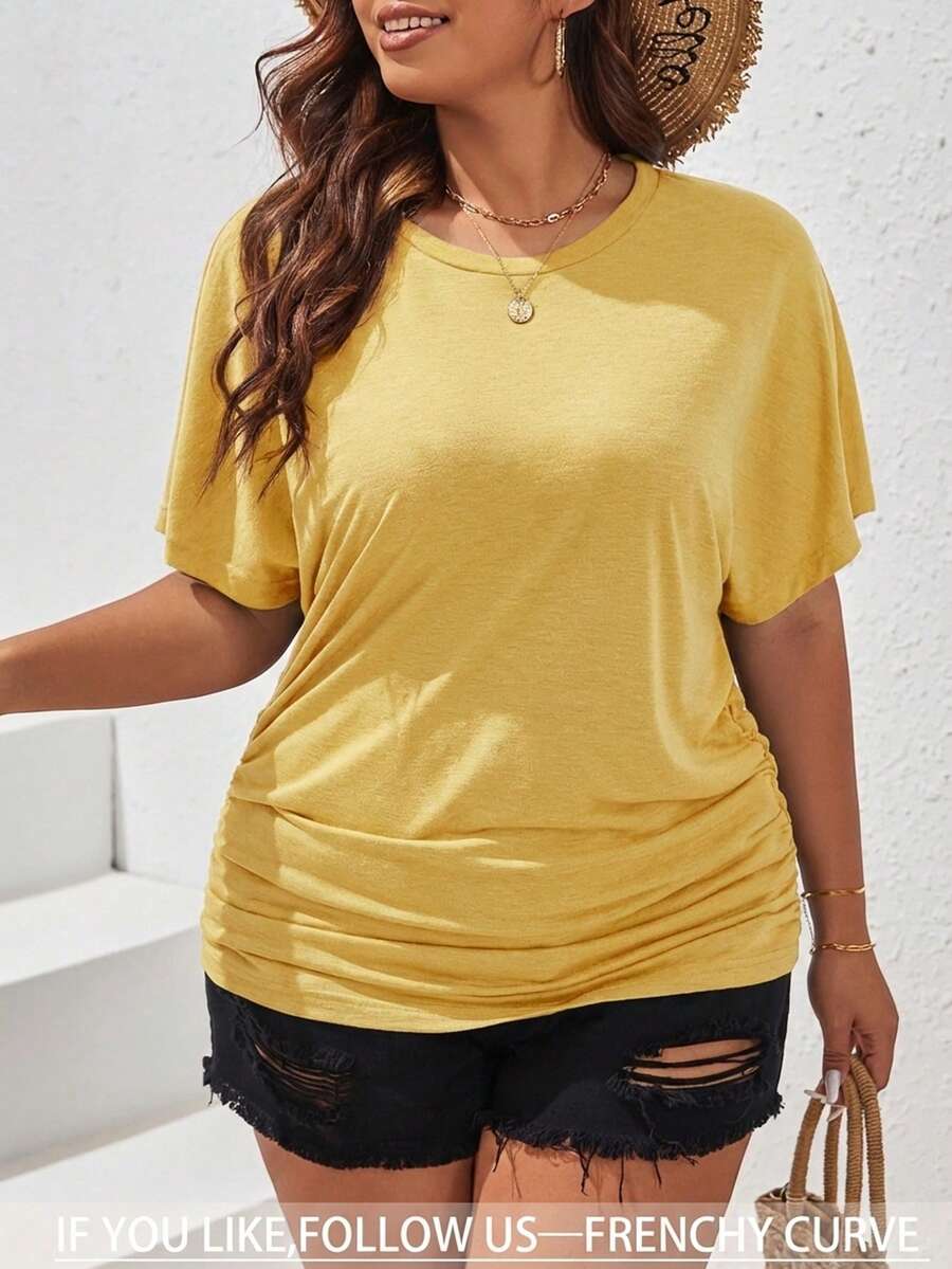 SHEIN Frenchy 大码女式纯色圆领休闲百搭日常短袖T恤 - 黃色 - 查看 1