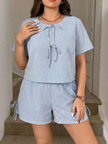SHEIN LUNE Plus Size Summer Casual Striped Drawstring Top And Shorts 2 Pieces Set Women Sets Outfit Vacation For S Co Ord - Blue and White - View 3
