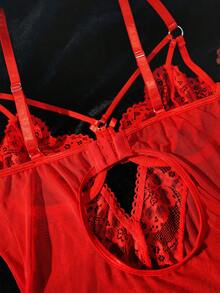 Seduluxe 2pcs Classic Lace Deep V Mesh Patchwork High Slit Underwire Push Up Hollow Spaghetti Strap Sexy Dress Set For Women Red Dresses For Women Party Club - Red - View 9