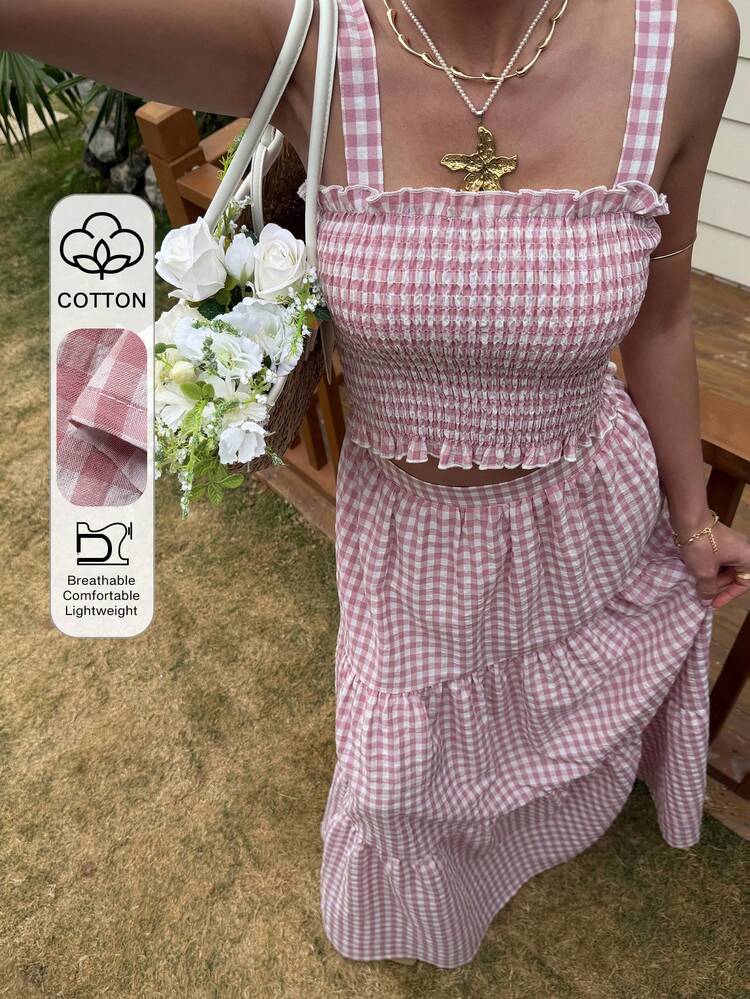 Beach Party Holiday Outfit, Summer Cotton Pink Plaid Blouse & Skirt 2 Pieces Set For Women Boho