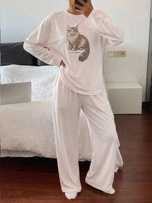 DAZY Cat Print Polka Dot Loose Pajama Set, Fall Winter Clothes - Beige - View 1