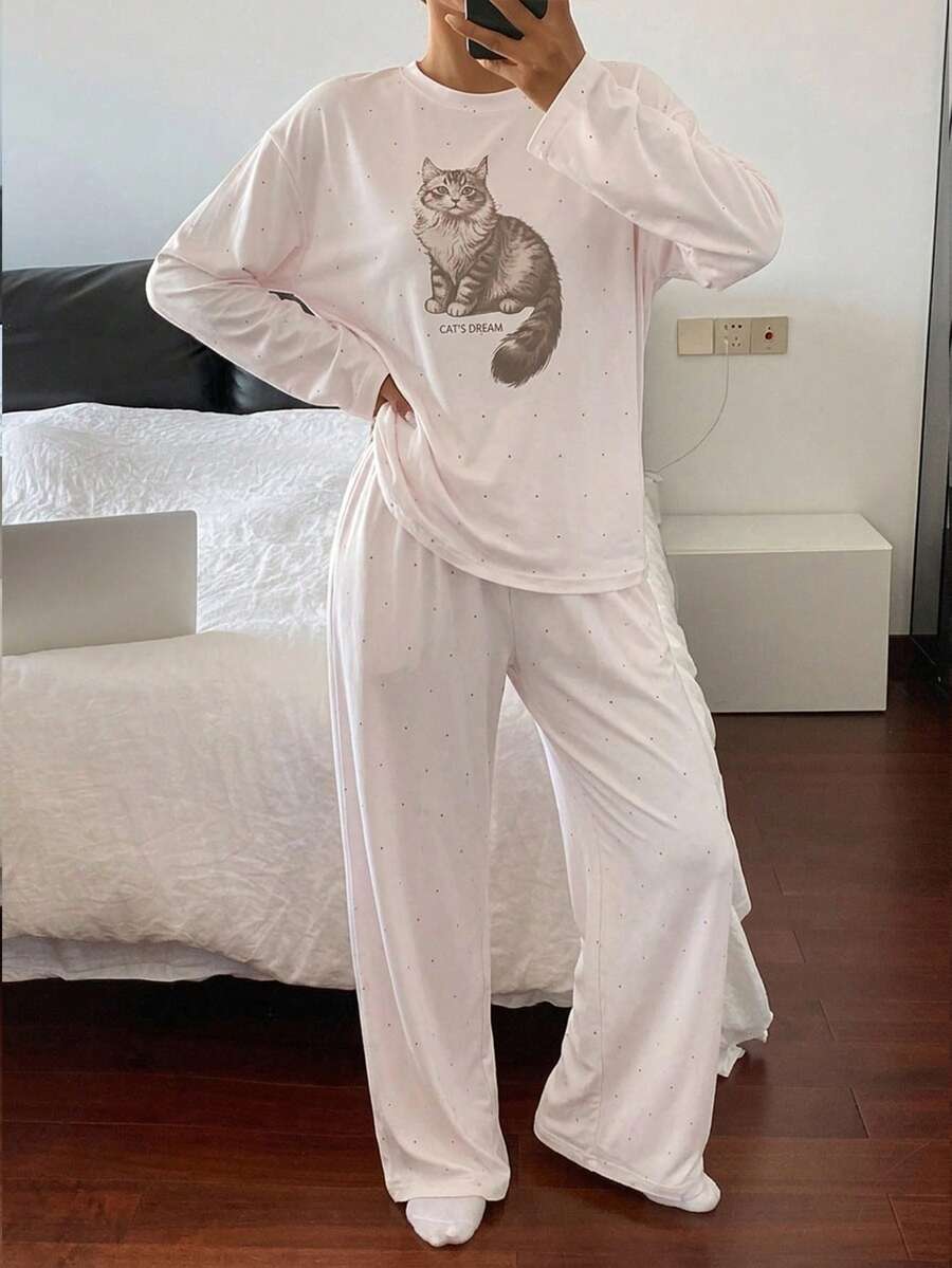 DAZY Cat Print Polka Dot Loose Pajama Set, Fall Winter Clothes - Beige - View 1