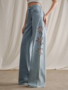 Anewsta Quần jeans nữ ống đứng màu xanh dương sang trọng, gợi cảm, khoét lỗ, thêu họa tiết, thích hợp cho tiệc tùng, du lịch, mùa xuân/hè. - Màu xanh lam - Xem 4