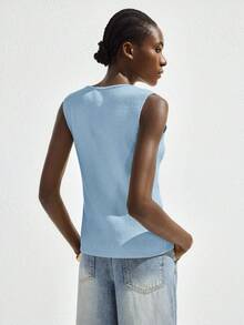 Maija Women's Light Blue Sleeveless Solid Color Knit Top,Minimalist Summer Elegant Business Casual Commuting Office Wear For Brunch,Soft Fine Knit Fabric - Blue - View 9