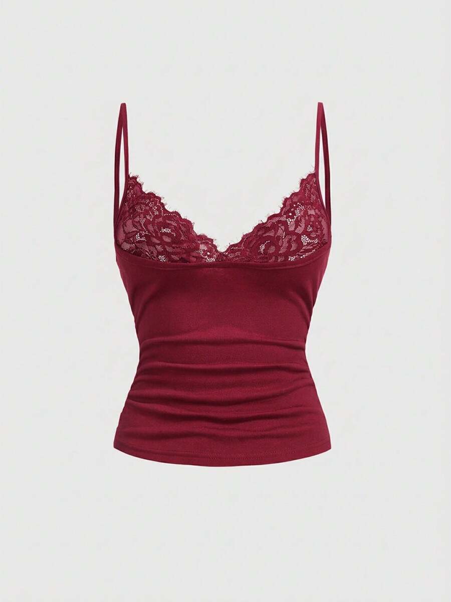 ROMWE J-Fashion Camiseta sexy de encaje y parches para mujer estilo Y2K Baddie - Burdeos - Ver 1