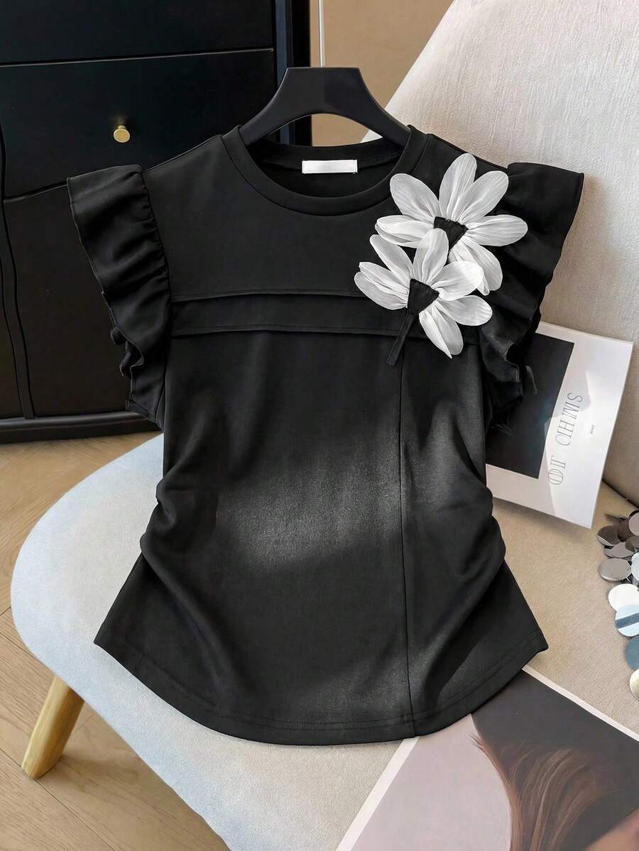 SHEIN 优雅通勤风荷叶边下摆短款T恤,适合青少年女孩 - 黑色 - 查看 1