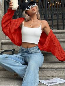 INAWLY Solva Batwing Sleeve Hollow Out Lightweight Knit Cardigan - Red - View 7