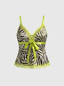 Rina Fox Áo camisole thời trang nữ phối ren họa tiết ngựa vằn - màu xanh lá - Xem 2