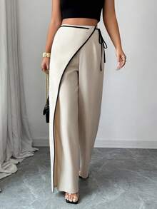 Elenzga Tall Elegant Apricot Color-Blocking Wide-Leg Women's Suit Pants - Apricot - View 4