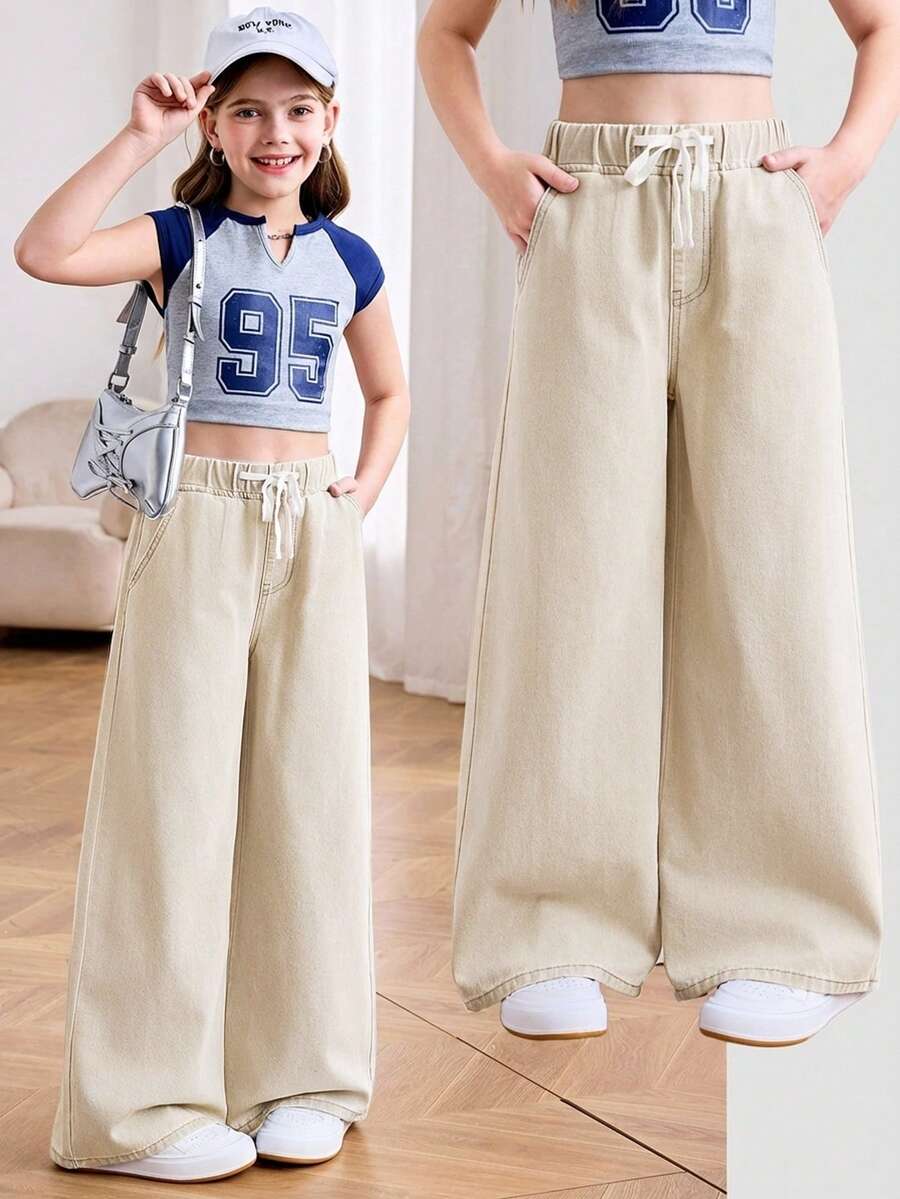 SHEIN 青少年女孩夏季淺色水洗抽繩腰寬腿休閒牛仔褲，適合日常穿著、度假休閒、電音派對演唱會節慶 - 杏色 - 查看 1