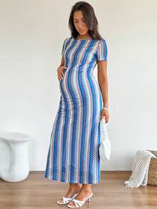 SHEIN 夏季孕妇休闲条纹短袖连衣裙 - 藍白色 - 查看 5