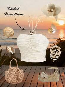 Lyxana Beaded Decor Strapless Tie Front Ruched Crop Top For Women, Beach Vacation Style - Apricot - View 4