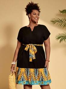 EMERY ROSE 大码女式碎花拼接短袖休闲度假连衣裙 - 彩色 - 查看 1