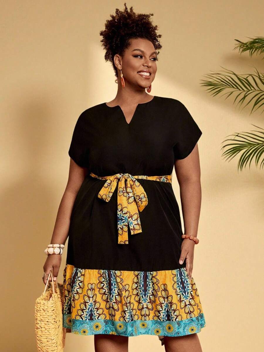 EMERY ROSE 大码女式碎花拼接短袖休闲度假连衣裙 - 彩色 - 查看 1