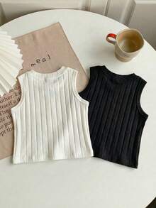 Emery Rose Kids Young Girl Heart Embroidery Ribbed Casual Round Neck Tank Top - Multicolor - View 10