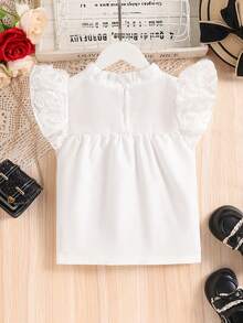 Girls' White Collared Shirt With Sleeve Floral Embroidery, Cinched Waist And Ruffle Hem - White - View 2