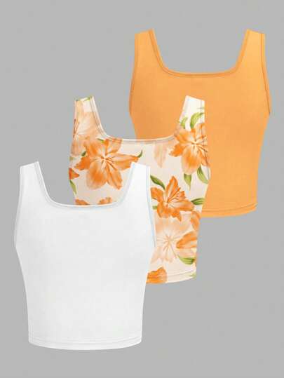 3件套少女休闲简约度假风时尚橙白纯色及印花方领露脐背心，适合外出、度假、海滩穿着