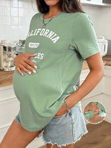 Slowluna 孕婦春夏綠色舒適休閒日常通勤字母印花短袖寬鬆哺乳T恤 - 綠色 - 查看 7