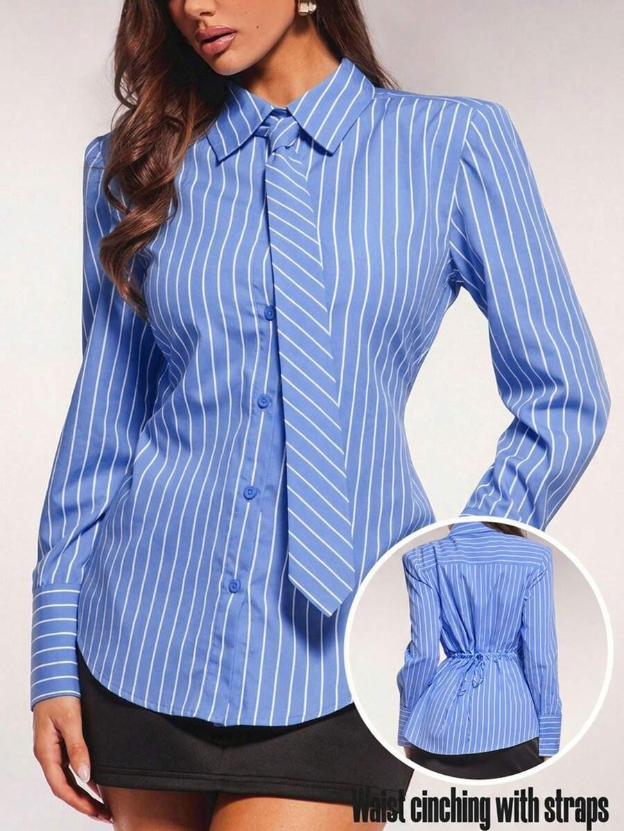 Radiana 女士时尚优雅蓝色条纹衬衫，配同色领带，腰部可调节，复古风格，适合日常穿着、通勤、商务、办公、都市、度假等场合。 - 藍色 - 查看 1