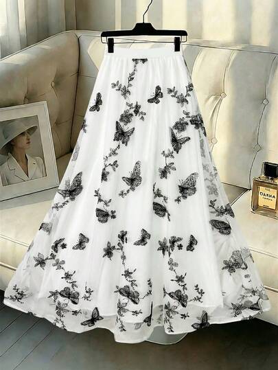 GlowEve 女士复古优雅精致刺绣网纱纹理弹力腰A字层叠半身裙，春夏百搭