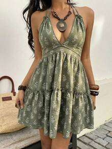 Sunnyshic 女士优雅休闲百搭时尚日常纯色度假亚麻质感微花纹理露背挂脖蝴蝶结短裙，春夏款 - 軍綠色 - 查看 8