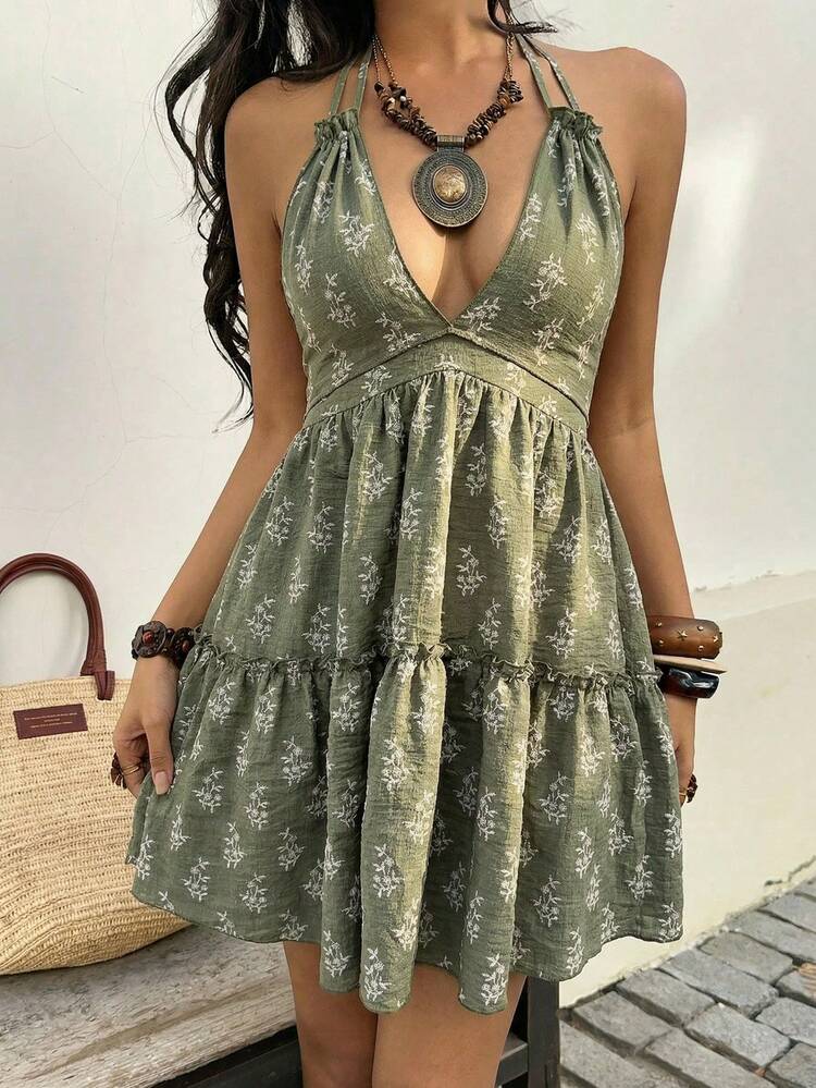 Sunnyshic Vestido corto de mujer elegante y casual, versátil para uso diario, de unicolor para vacaciones, con textura de microfloración de lino, espalda descubierta, cuello halter y lazo, para primavera/verano - Verde militar - Añade 8