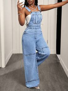 Slaydiva Women's Casual Versatile Everyday Pocketed Denim Jumpsuit With Wide Leg - Blue - View 4
