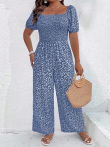 SHEIN Clasi Plus Size Ditsy Floral Square Neck Short Sleeve Jumpsuit - Blue - View 1