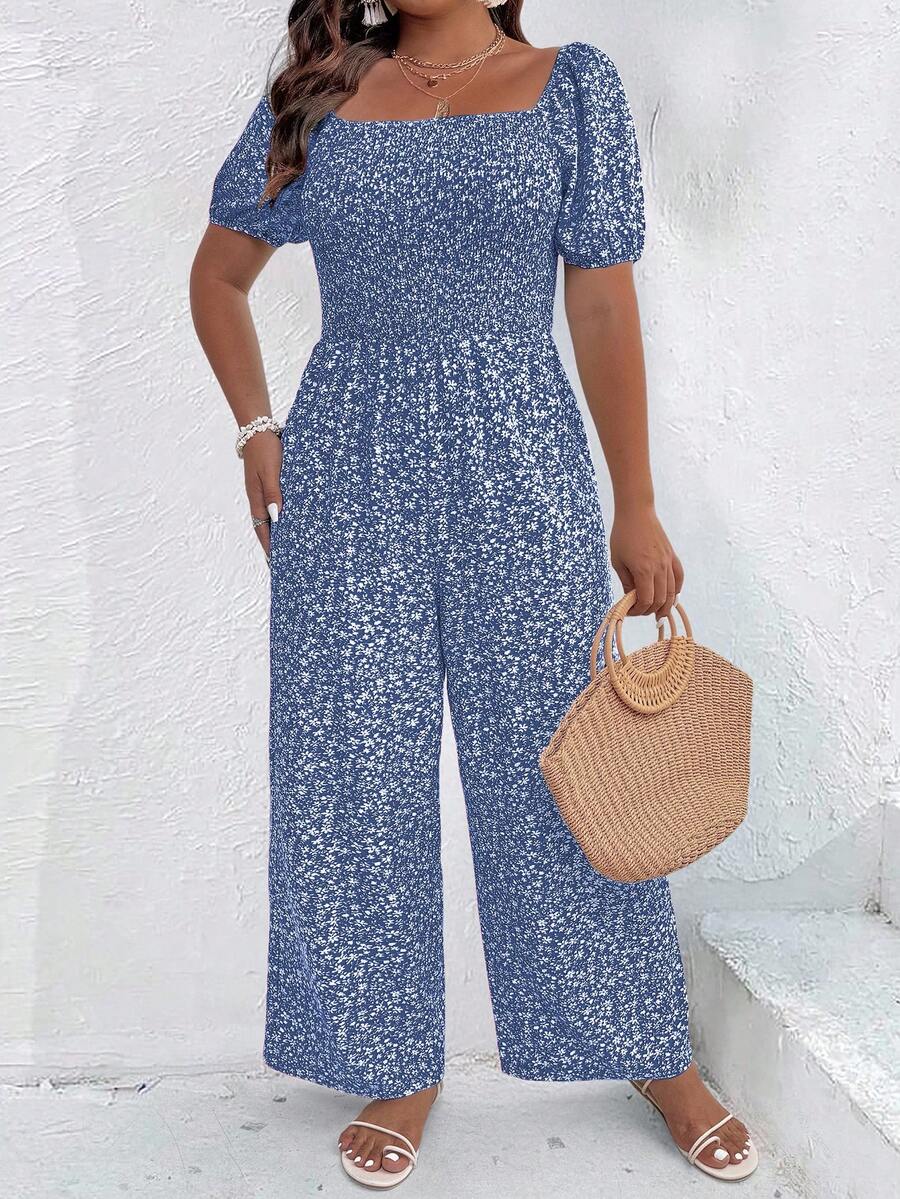 SHEIN Clasi Plus Size Ditsy Floral Square Neck Short Sleeve Jumpsuit - Blue - View 1