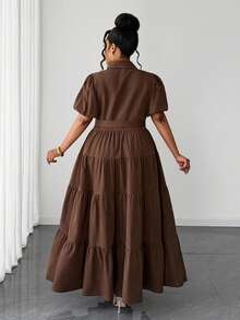 Maweii Plus Size Women Casual/Commute/Vacation Coffee Brown Short Sleeve Button Front Summer Dress - Brown - View 2