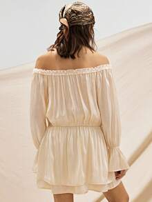 Easelle Bohemian Music Festival Off-Shoulder Ruffle A-Line Romantic Dress For Women - Apricot - View 2
