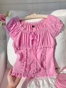 Comfortcana 女士纯色荷叶边前系带短袖休闲衬衫 - 藕粉色 - 查看 8