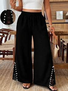 Breezaya Plus Size Women Solid Color Elastic Waist Pocket Faux Pearl Decor Wide Leg Pants - Black - View 1