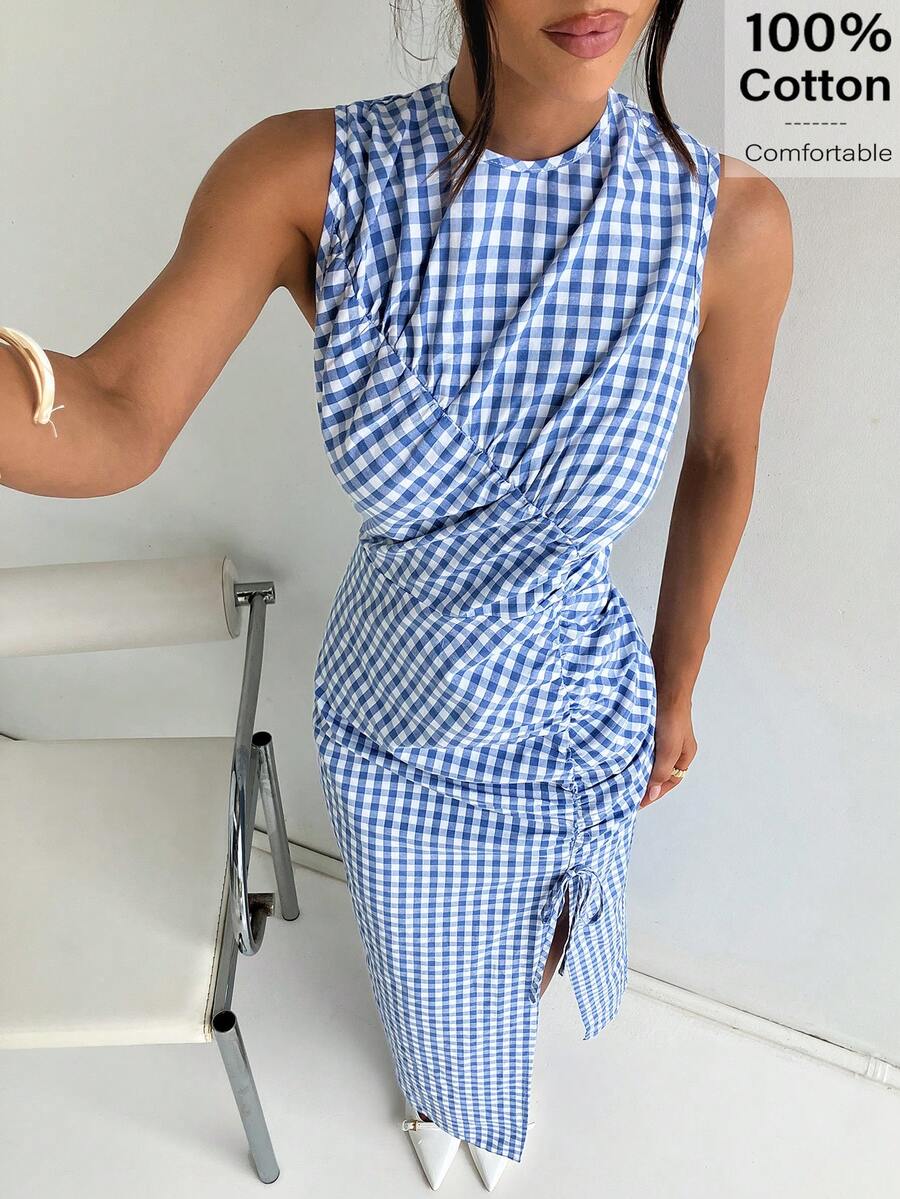 Siren Gaze Women's New Summer Clothes Elegant Party Dresses ,Work Outfits For Women,Casual Dresses For Women, Women's Plaid Round Neck Pleated Casual Sleeveless Dress, Summer Women's Dress Women's Summer Dresses Women Clothes Dress Women's Summer Co Ord Women's Summer Outfits,Summer Dresses For Women - Blue - View 1