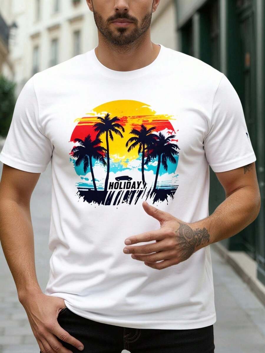 Manfinity Homme 男士休闲椰树印花圆领短袖家居服上衣 - 白色 - 查看 1