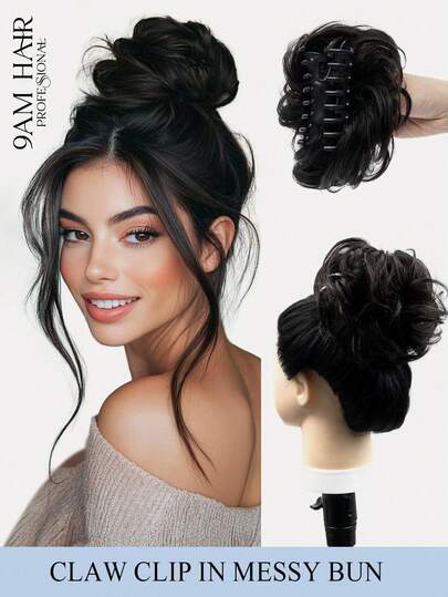 Tóc giả búi rối kẹp càng cua, tóc giả búi xoăn gợn sóng, tóc giả buộc búi scrunchie cho nữ, màu nâu trung bình có highlight, tóc giả búi kẹp càng cua, tóc giả búi rối, tóc giả buộc búi scrunchie cho nữ, màu nâu trung bình có highlight, tóc giả búi kẹp