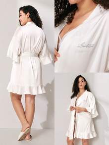 LUVLETTE Plus Size Women's Summer Luxe Satin Robe - Flowy Ruffled Design & Shimmering Rhinestones Luxe Silky Summer Nightwear Wedding Items Bride Pajamas - White - View 3