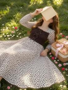 SHEIN Đầm dệt hoa thanh lịch với tay phồng và cổ vuông, đầm đi nghỉ mát thường ngày dành cho nữ sinh tuổi teen, mùa xuân/thu. - Màu be - Xem 3