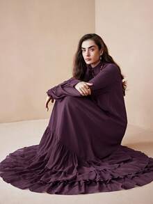 Arave Women's Elegant Loose Fit Long Chiffon Dress With Stand Collar And Layered Ruffle Hem, Suitable For Dates - Purple - View 7