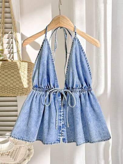 Comfortcana Plus Size Women Tie Neck Ruched Casual Denim Blouse, Versatile For Dates And Outings